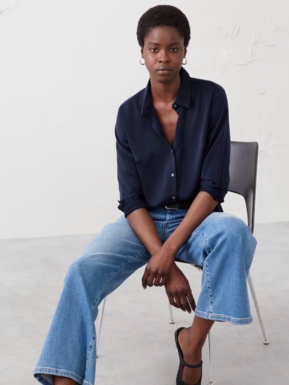 BR Factory | Silky Navy Long-Sleeve Shirt | Size M